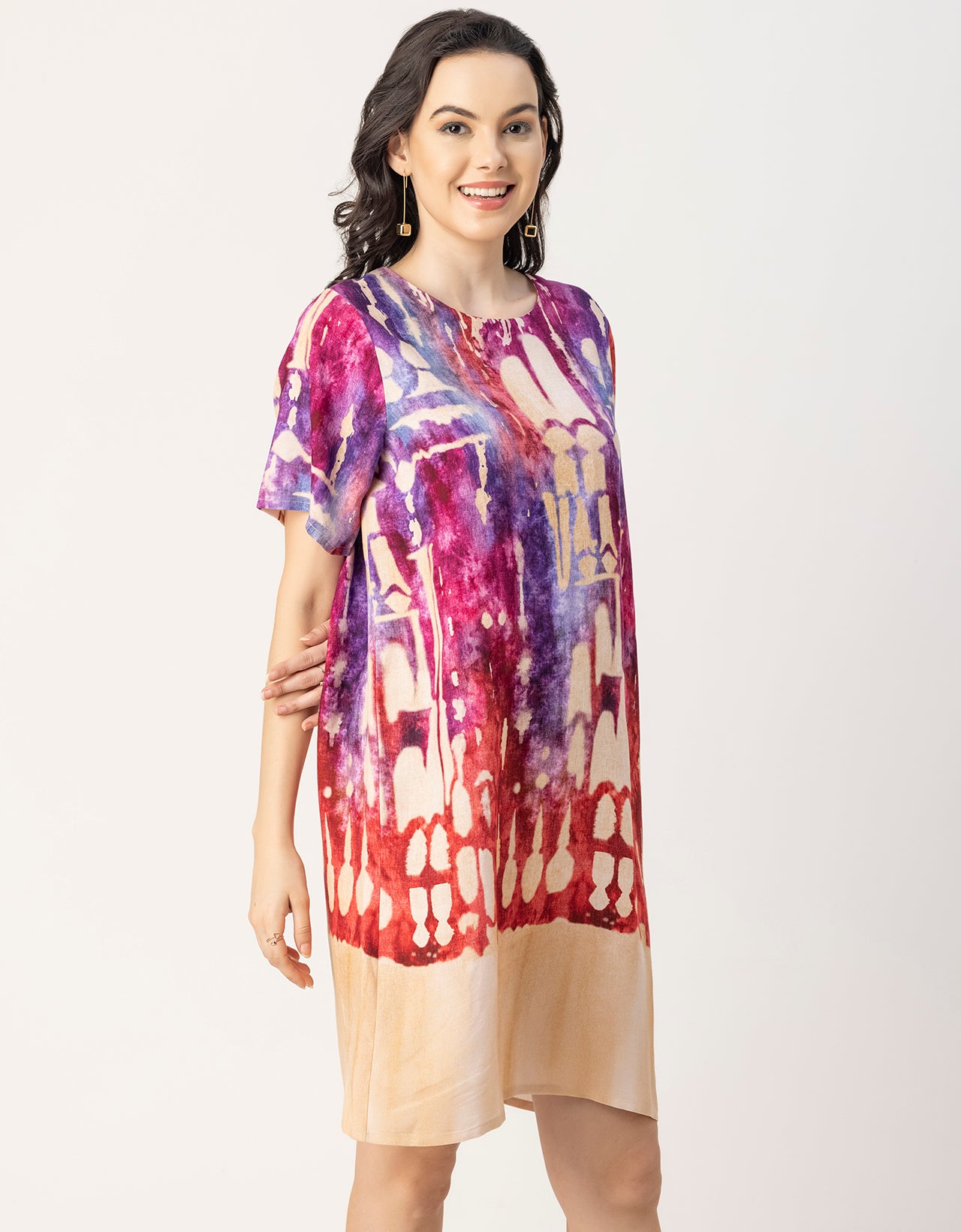 Round Neck Short Sleeve Printed Rayon Dress