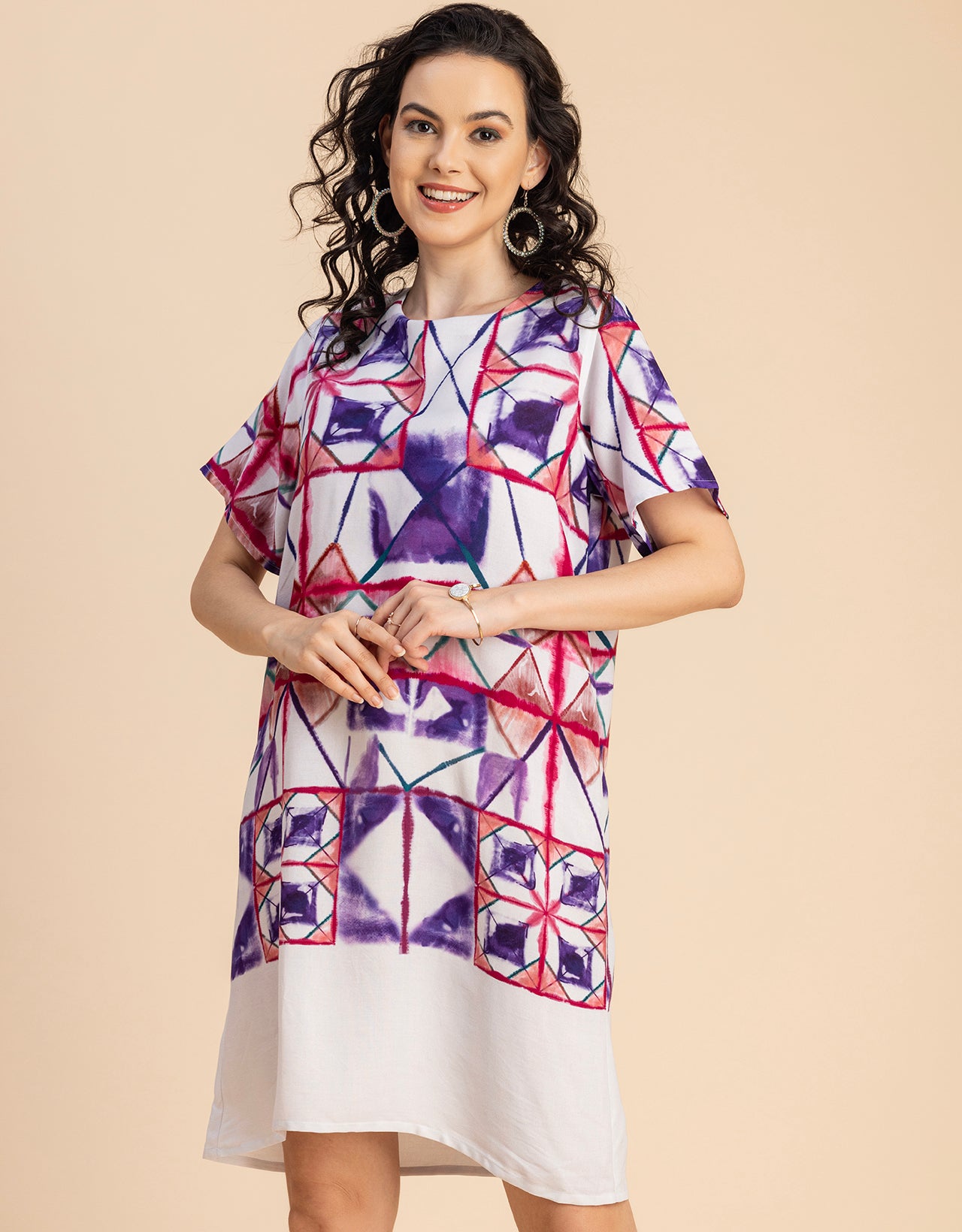 Round Neck Short Sleeve Printed Rayon Dress
