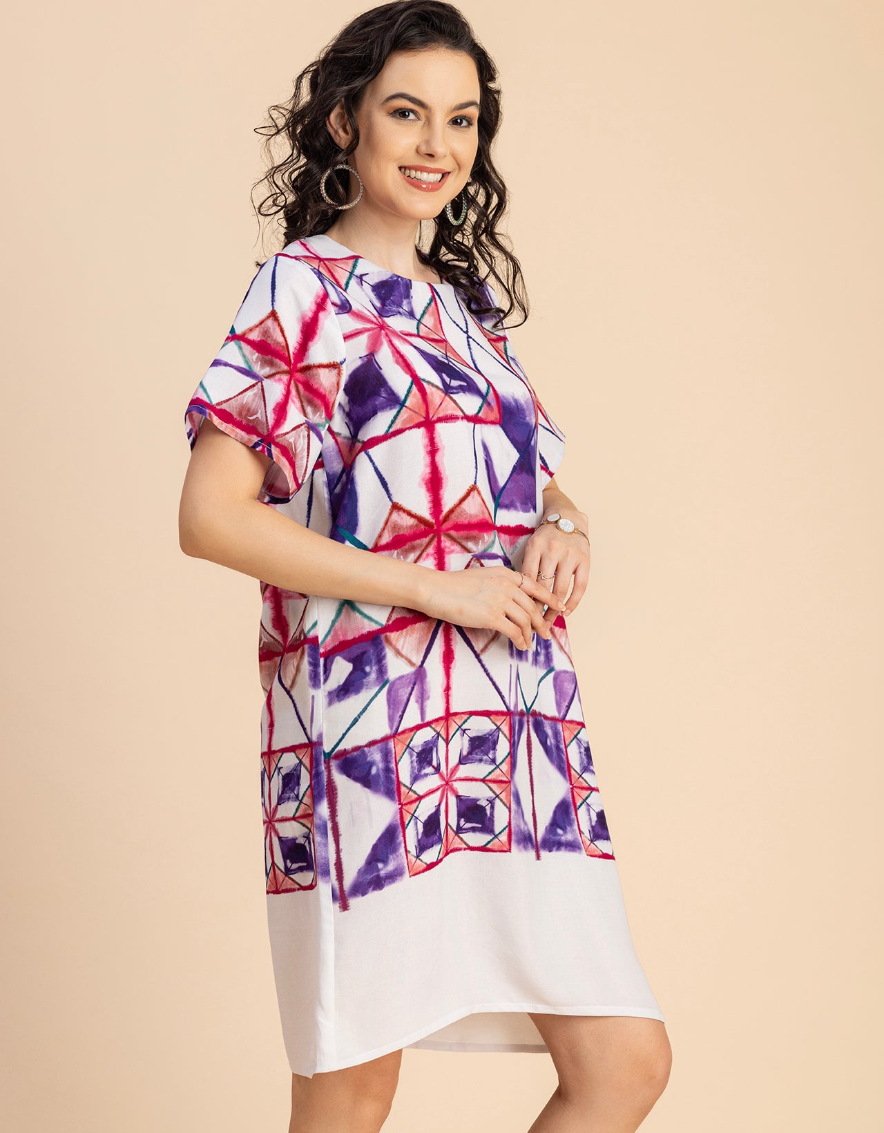 Round Neck Short Sleeve Printed Rayon Dress