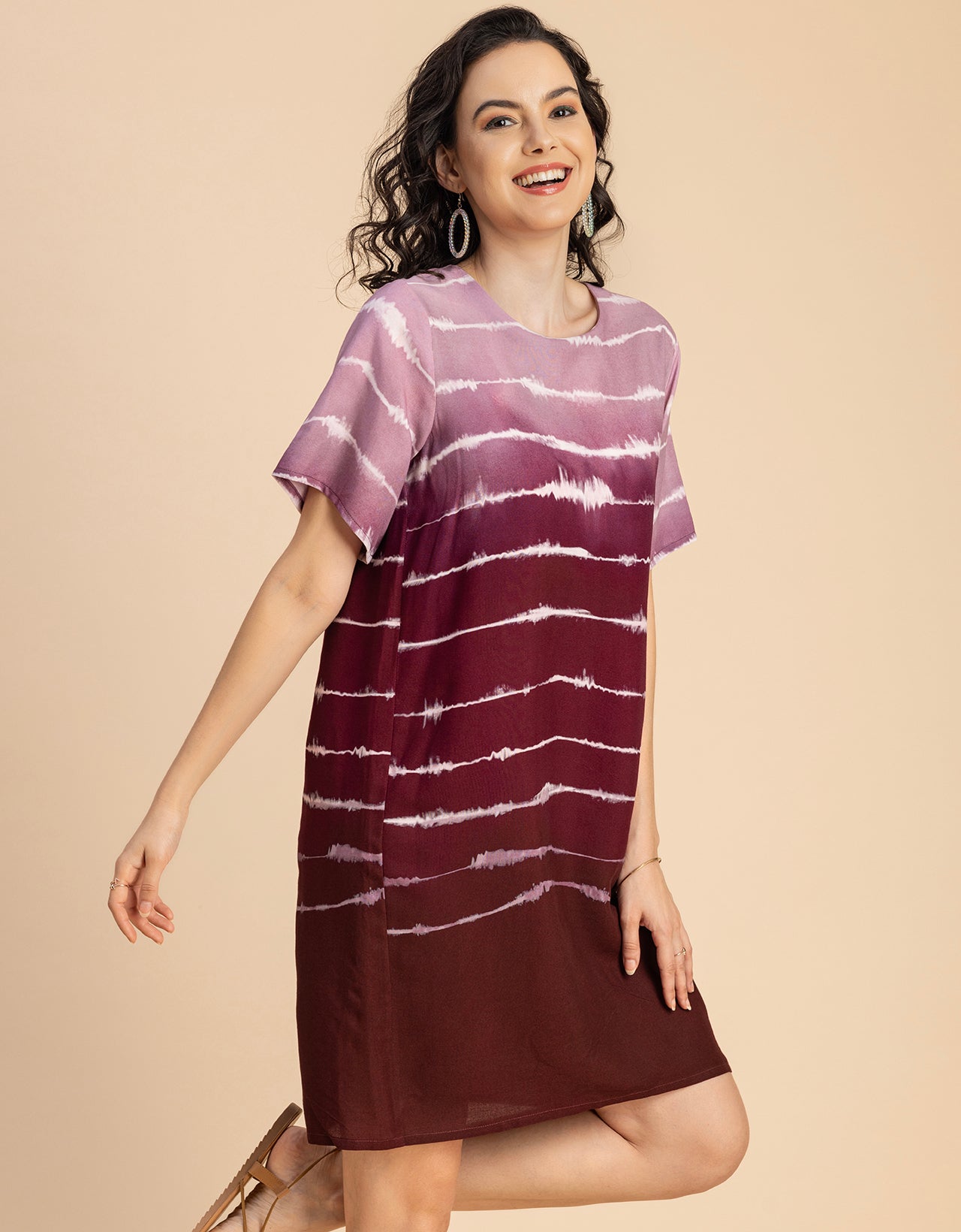 Round Neck Short Sleeve Printed Rayon Dress