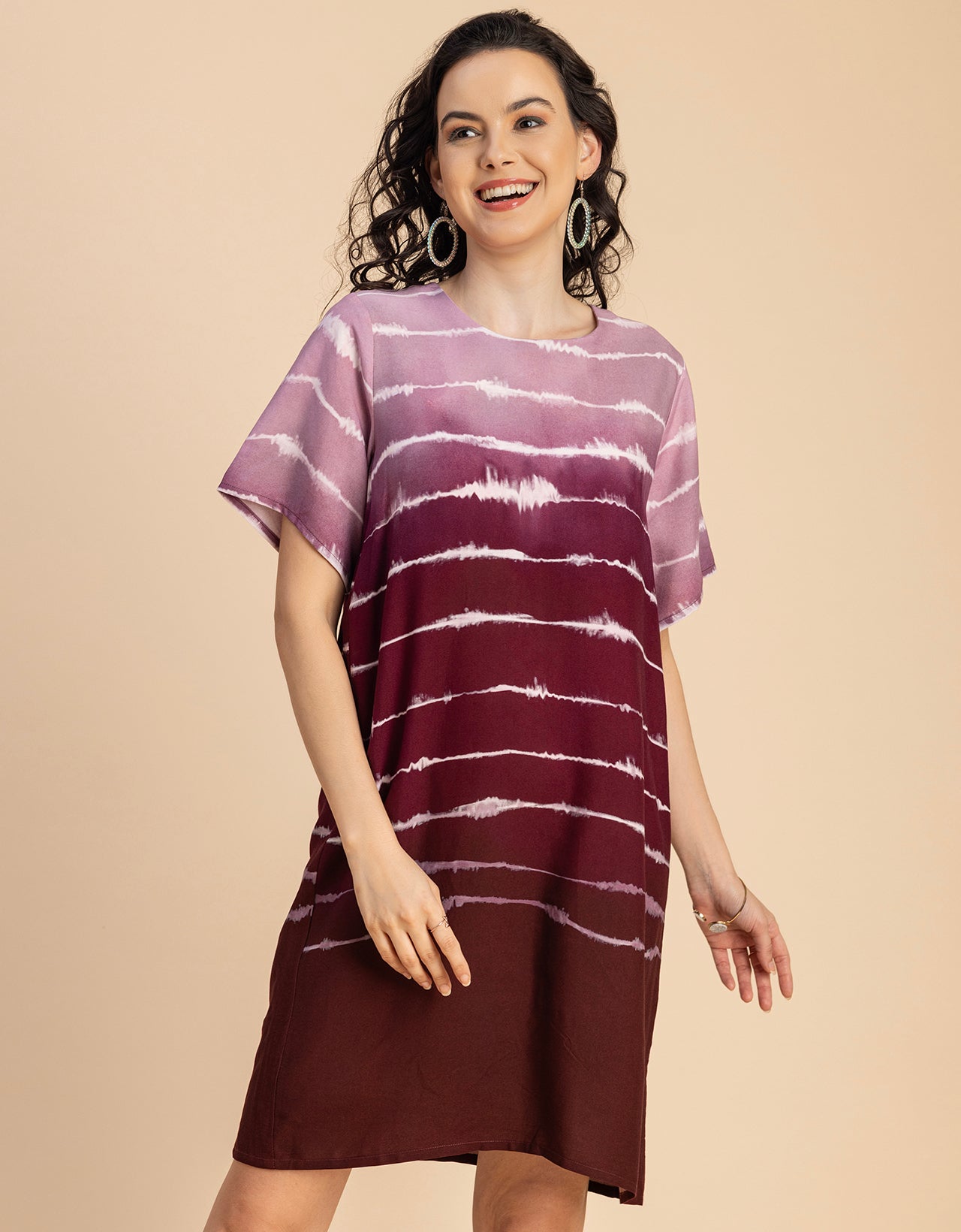 Round Neck Short Sleeve Printed Rayon Dress