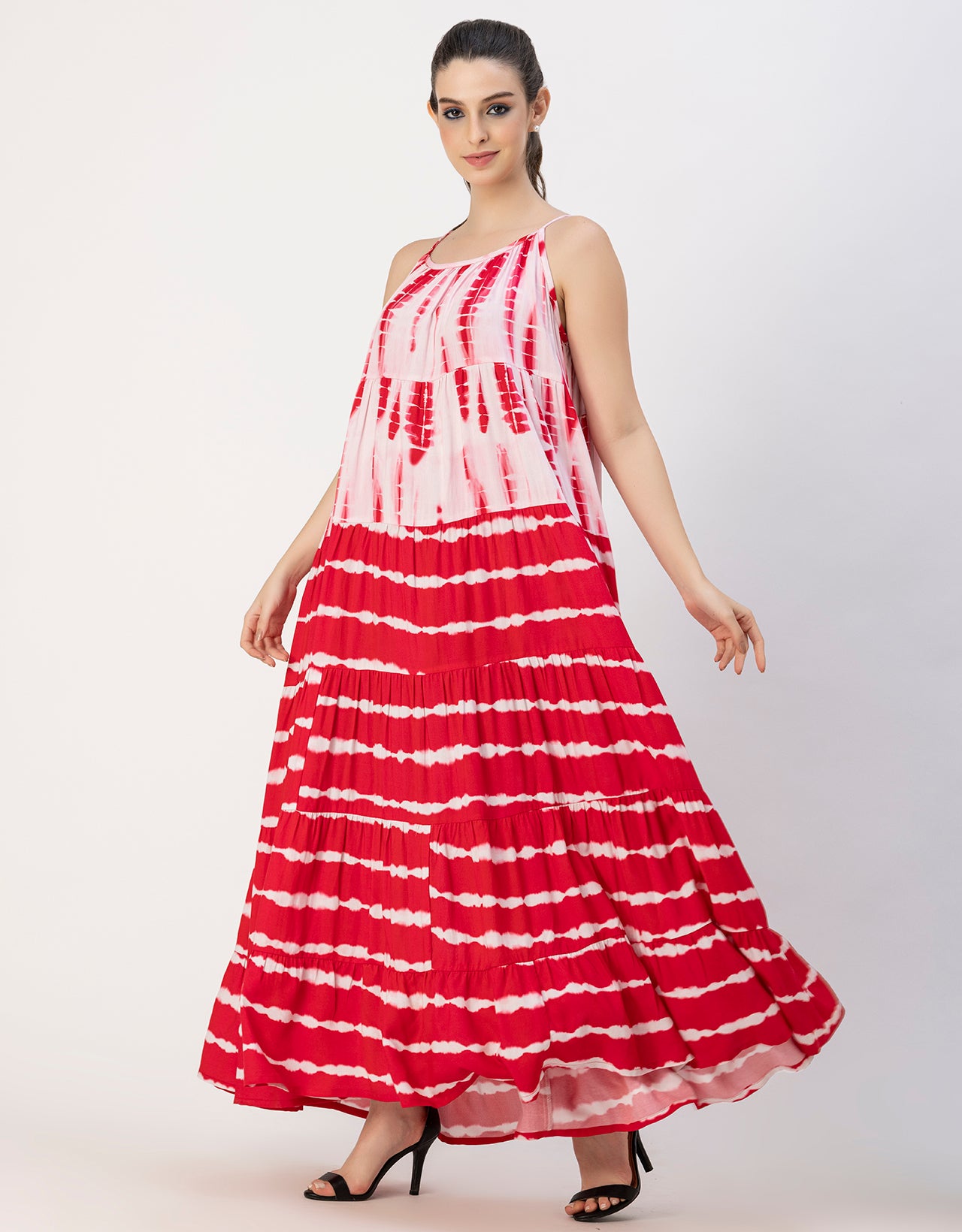 Shoulder Straps Tiered Printed Rayon Dress