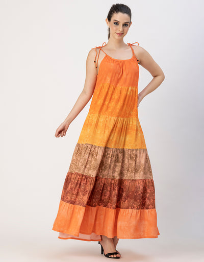 Shoulder Straps Tiered Printed Rayon Dress