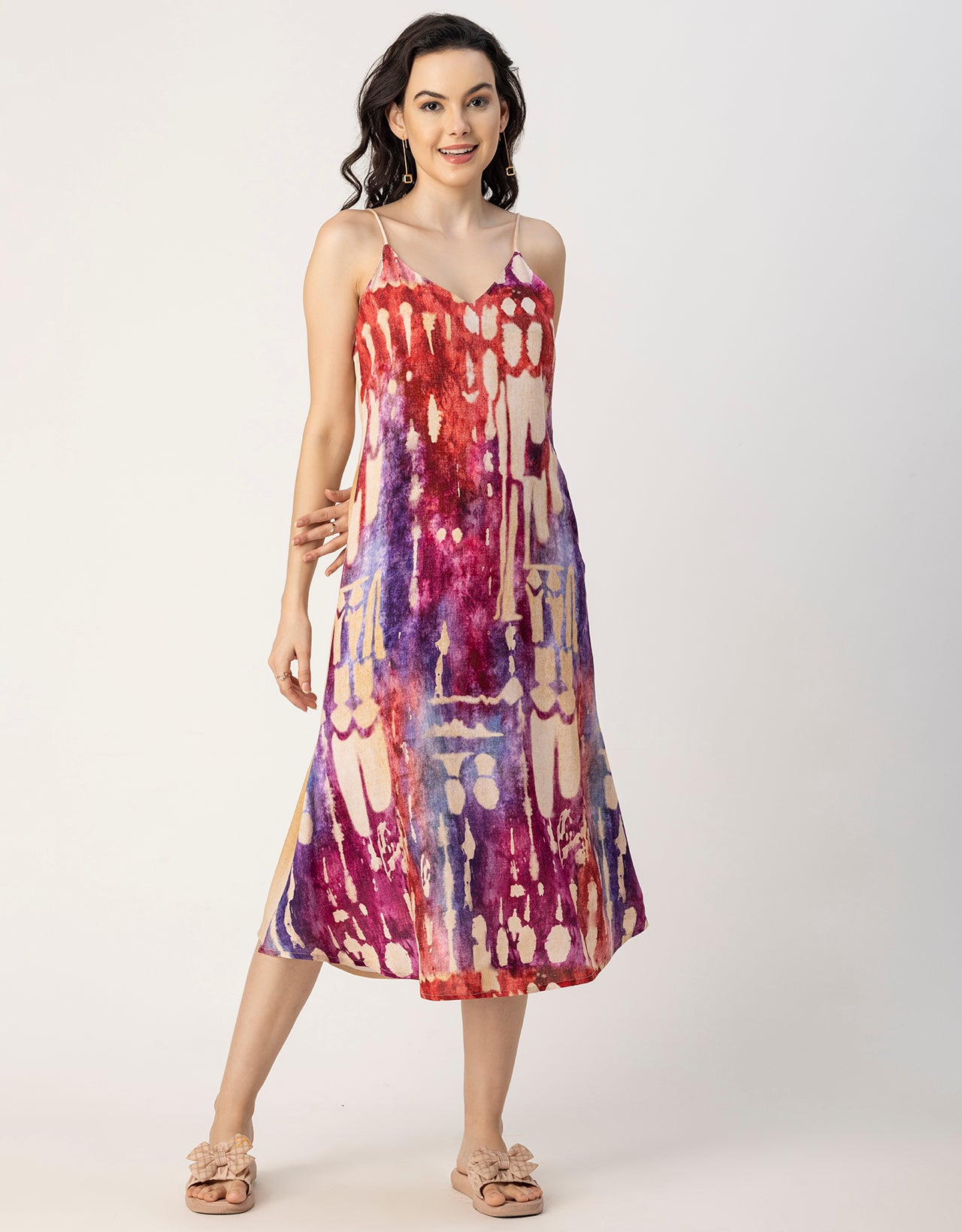 Sleeveless V Neck A-Line Printed Rayon Dress