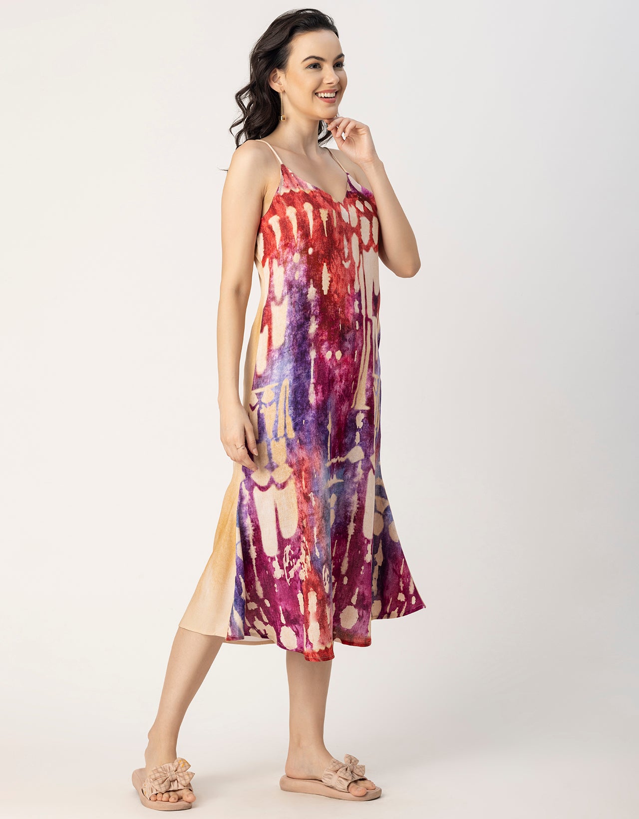 Sleeveless V Neck A-Line Printed Rayon Dress