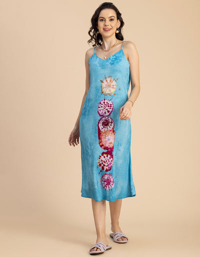 Sleeveless V Neck A-Line Printed Rayon Dress