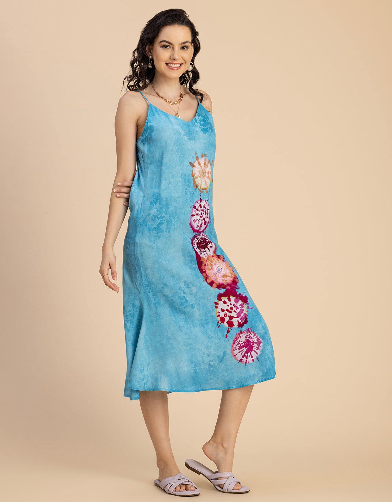 Sleeveless V Neck A-Line Printed Rayon Dress