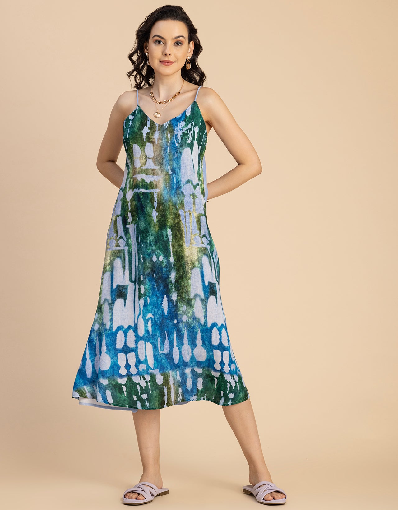 Sleeveless V Neck A-Line Printed Rayon Dress - Moomaya Sleeveless V Neck A-Line Printed Rayon Dress - Moomaya