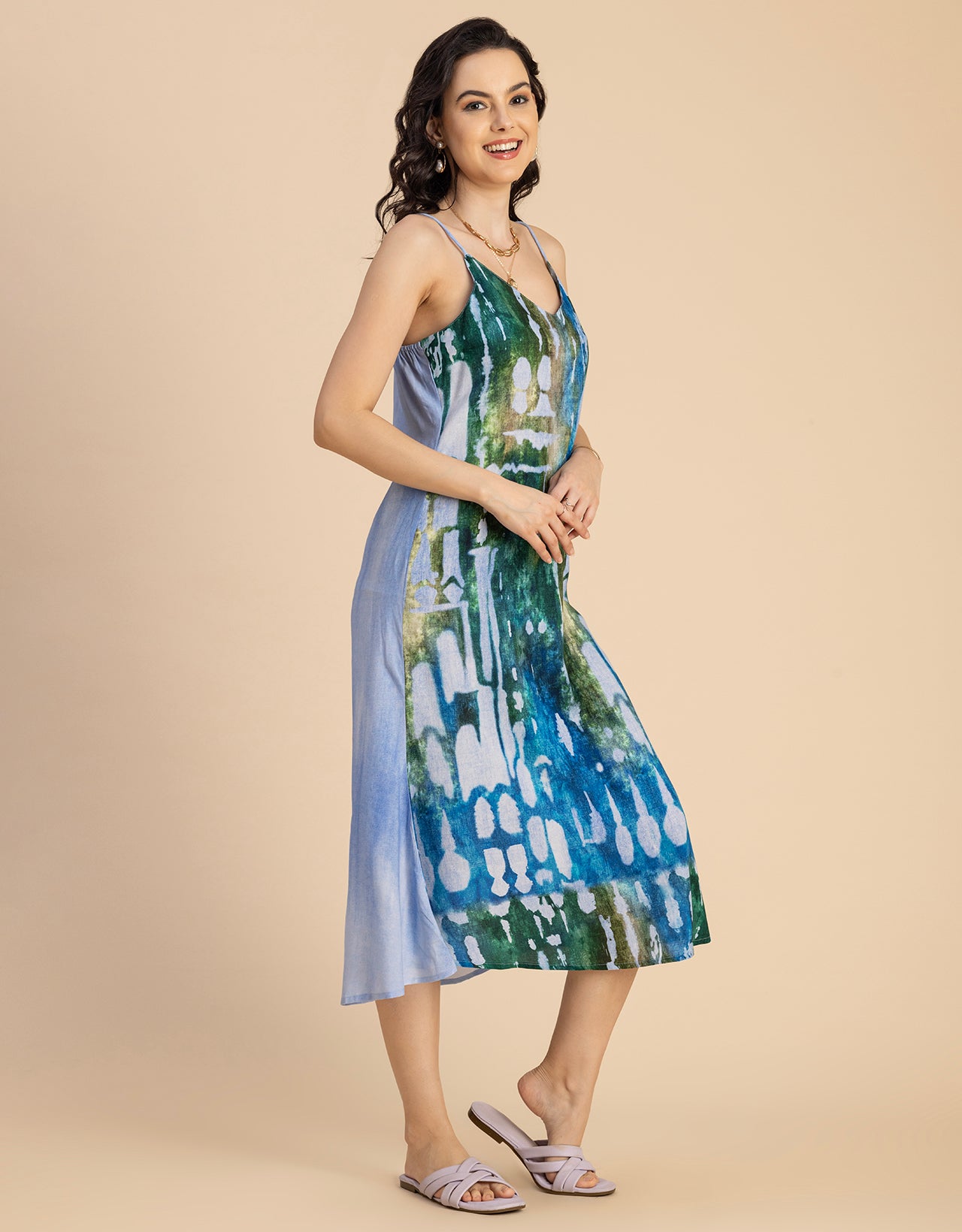 Sleeveless V Neck A-Line Printed Rayon Dress