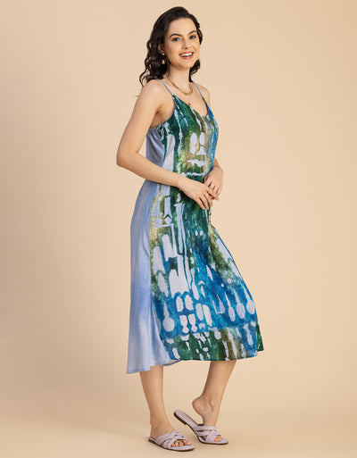 Sleeveless V Neck A-Line Printed Rayon Dress