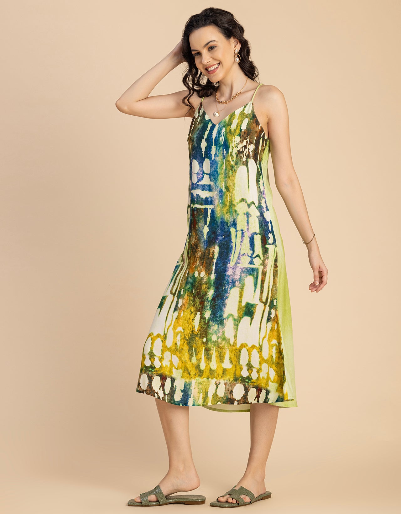 Sleeveless V Neck A-Line Printed Rayon Dress - Moomaya Sleeveless V Neck A-Line Printed Rayon Dress - Moomaya