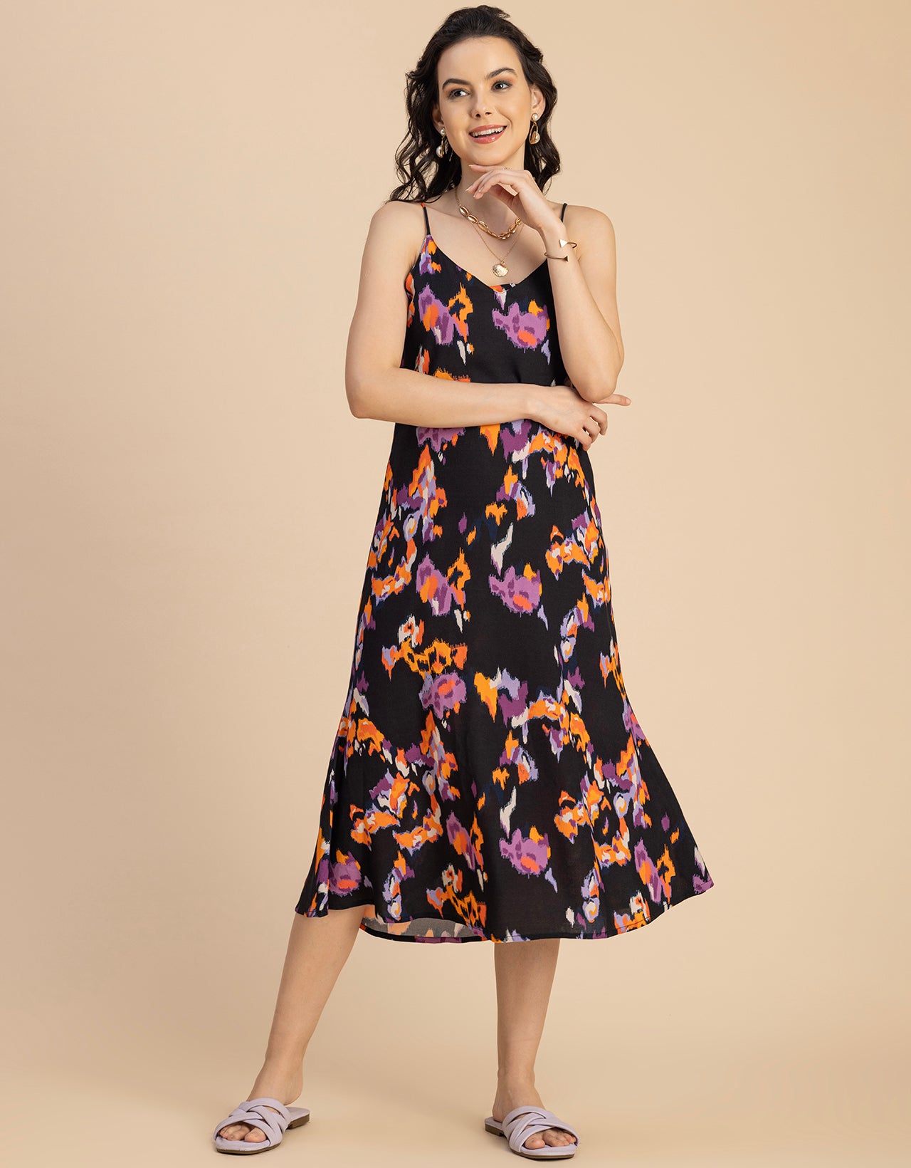 Sleeveless V Neck A-Line Printed Rayon Dress - Moomaya Sleeveless V Neck A-Line Printed Rayon Dress - Moomaya