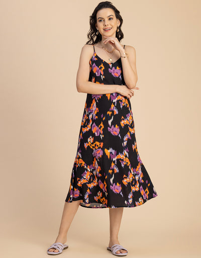 Sleeveless V Neck A-Line Printed Rayon Dress