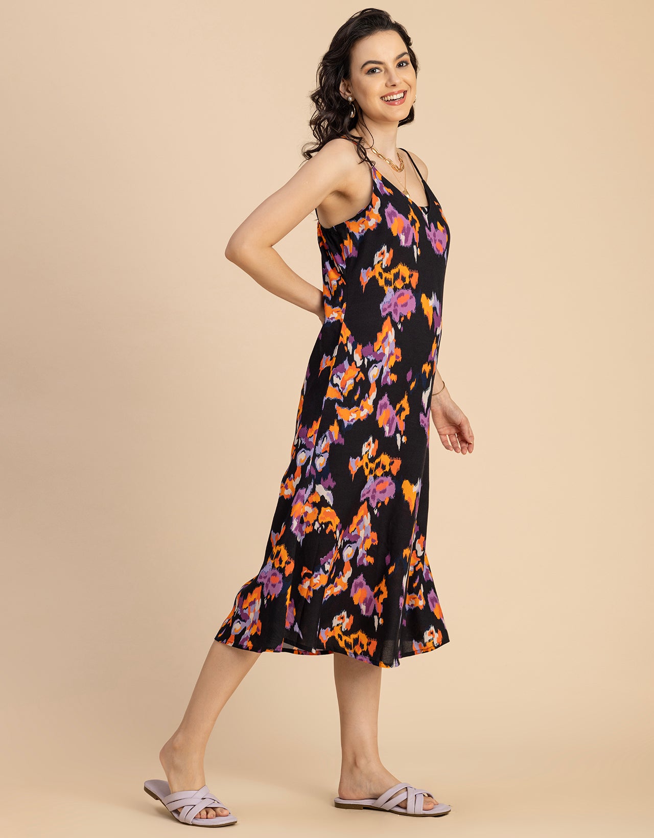 Sleeveless V Neck A-Line Printed Rayon Dress