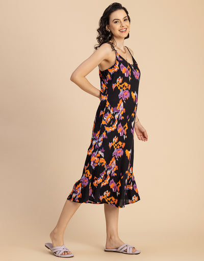 Sleeveless V Neck A-Line Printed Rayon Dress