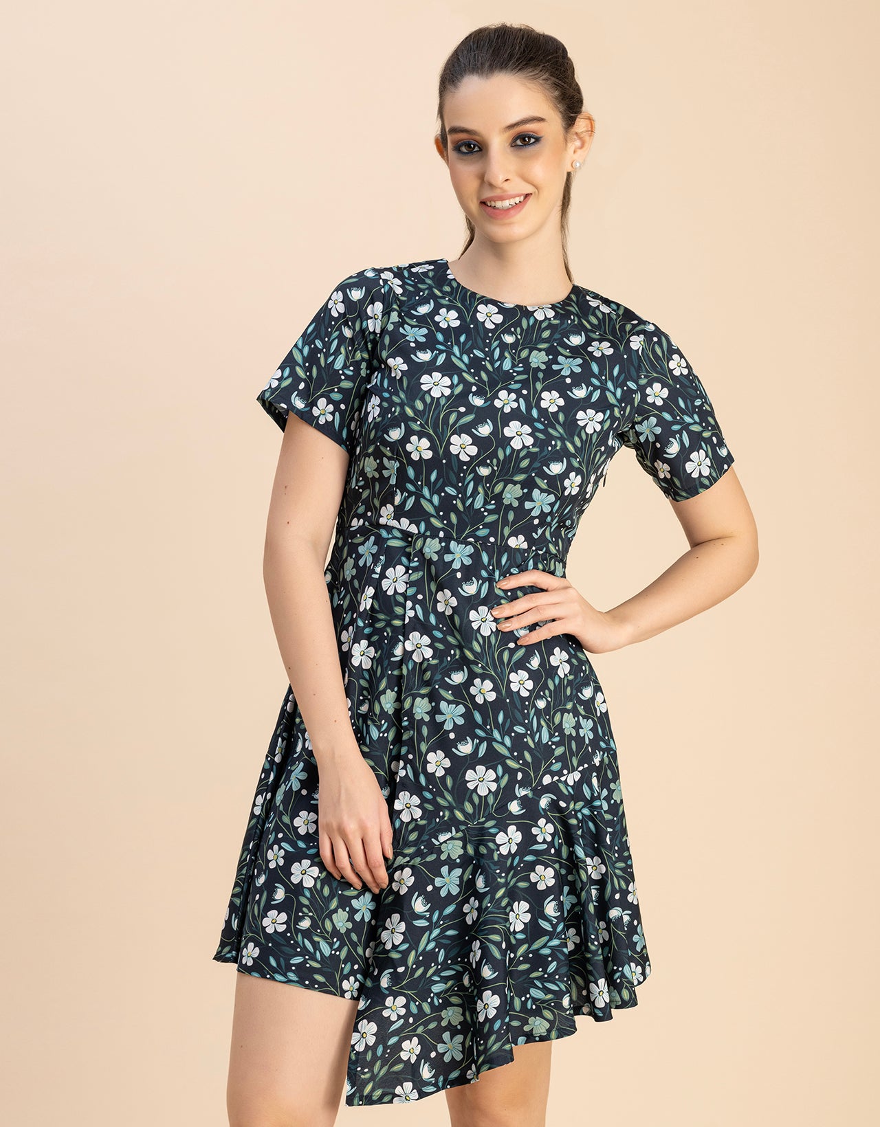 Short Sleeve Asymmetric Printed Dress