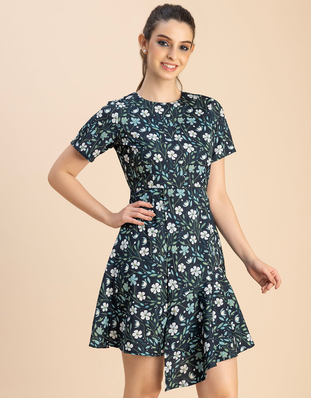 Short Sleeve Asymmetric Printed Dress