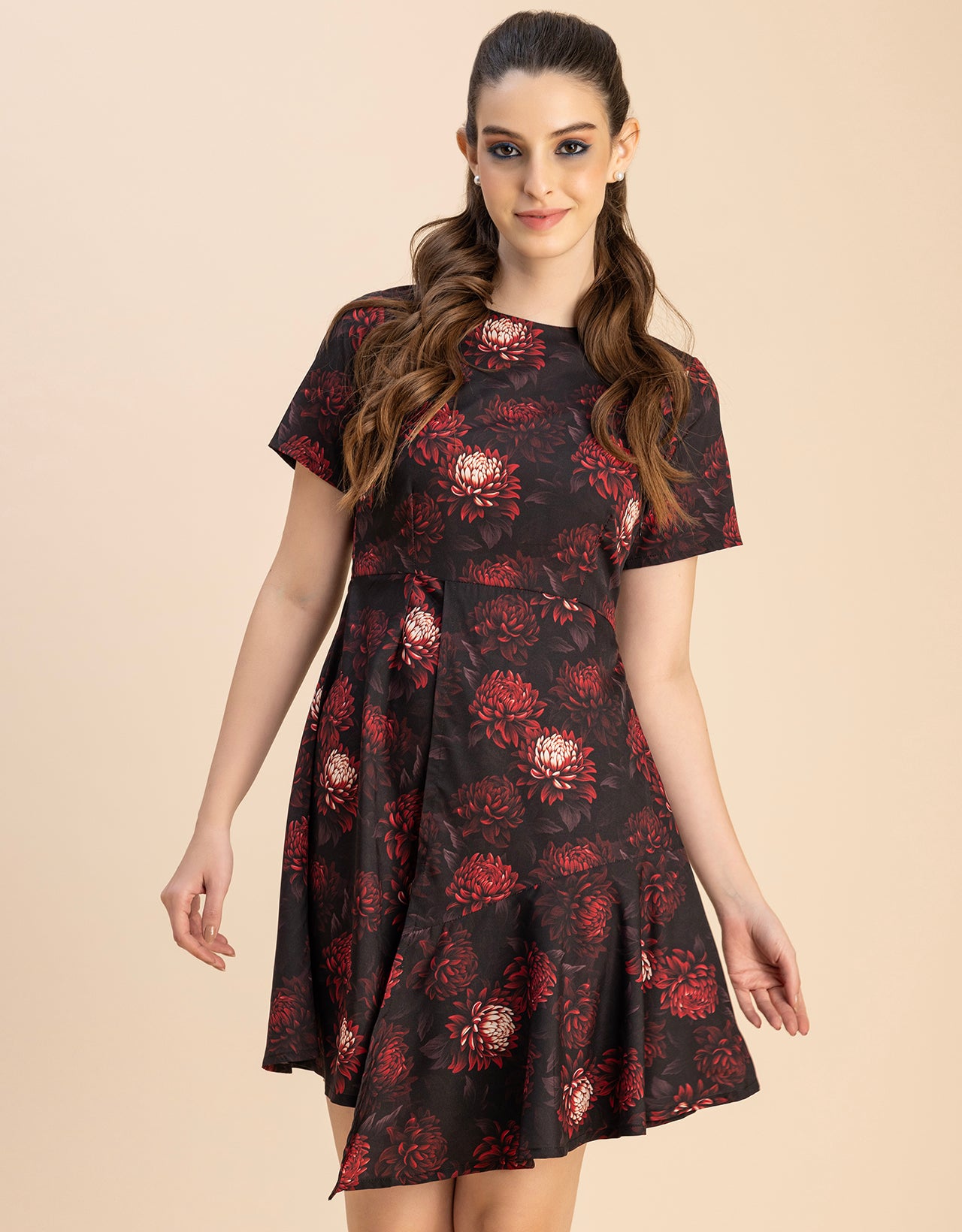 Short Sleeve Asymmetric Printed Dress
