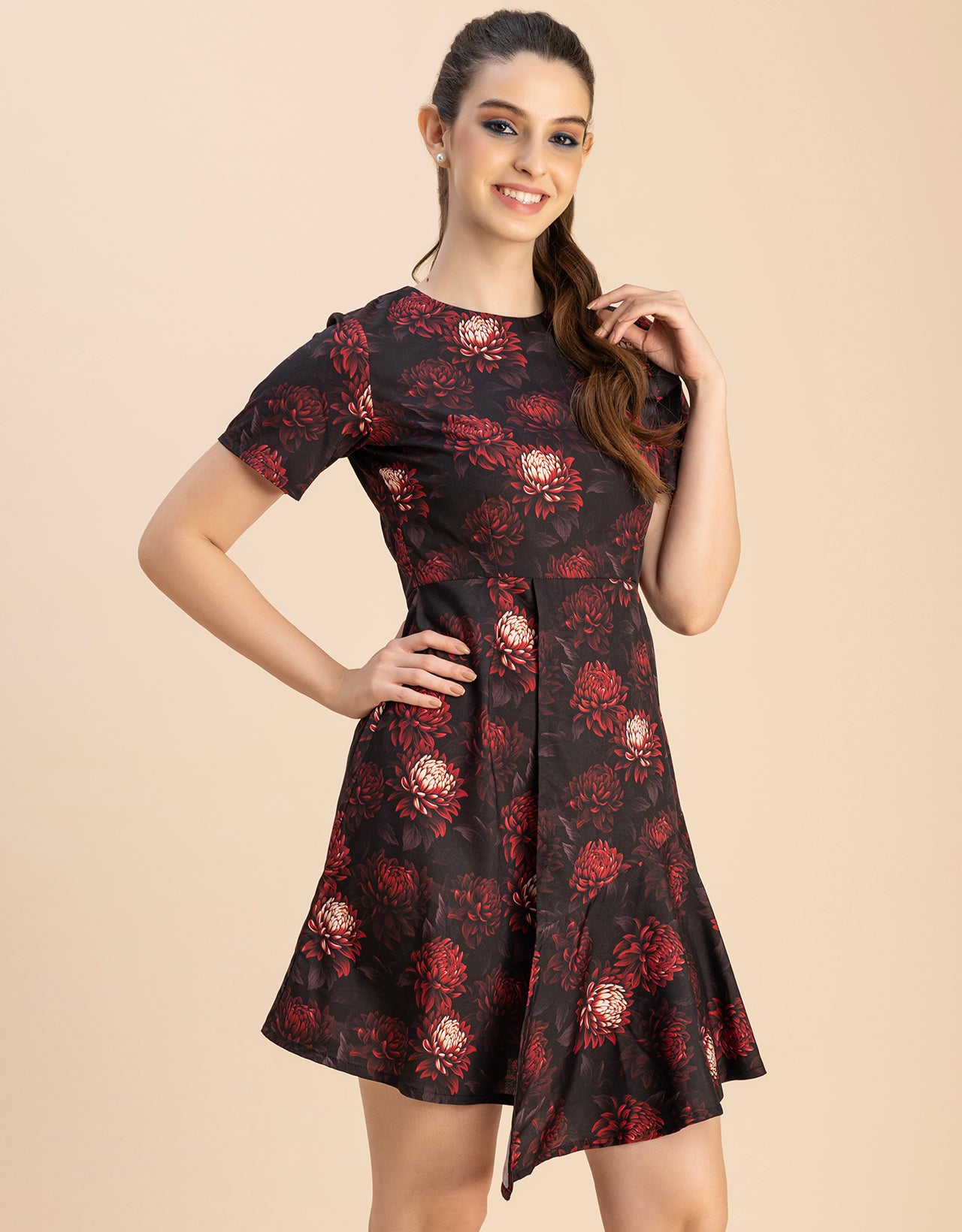 Short Sleeve Asymmetric Printed Dress