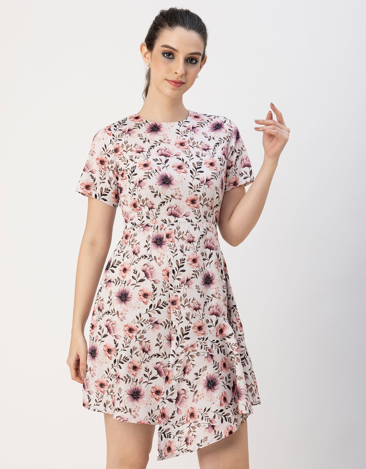 Short Sleeve Asymmetric Printed Dress