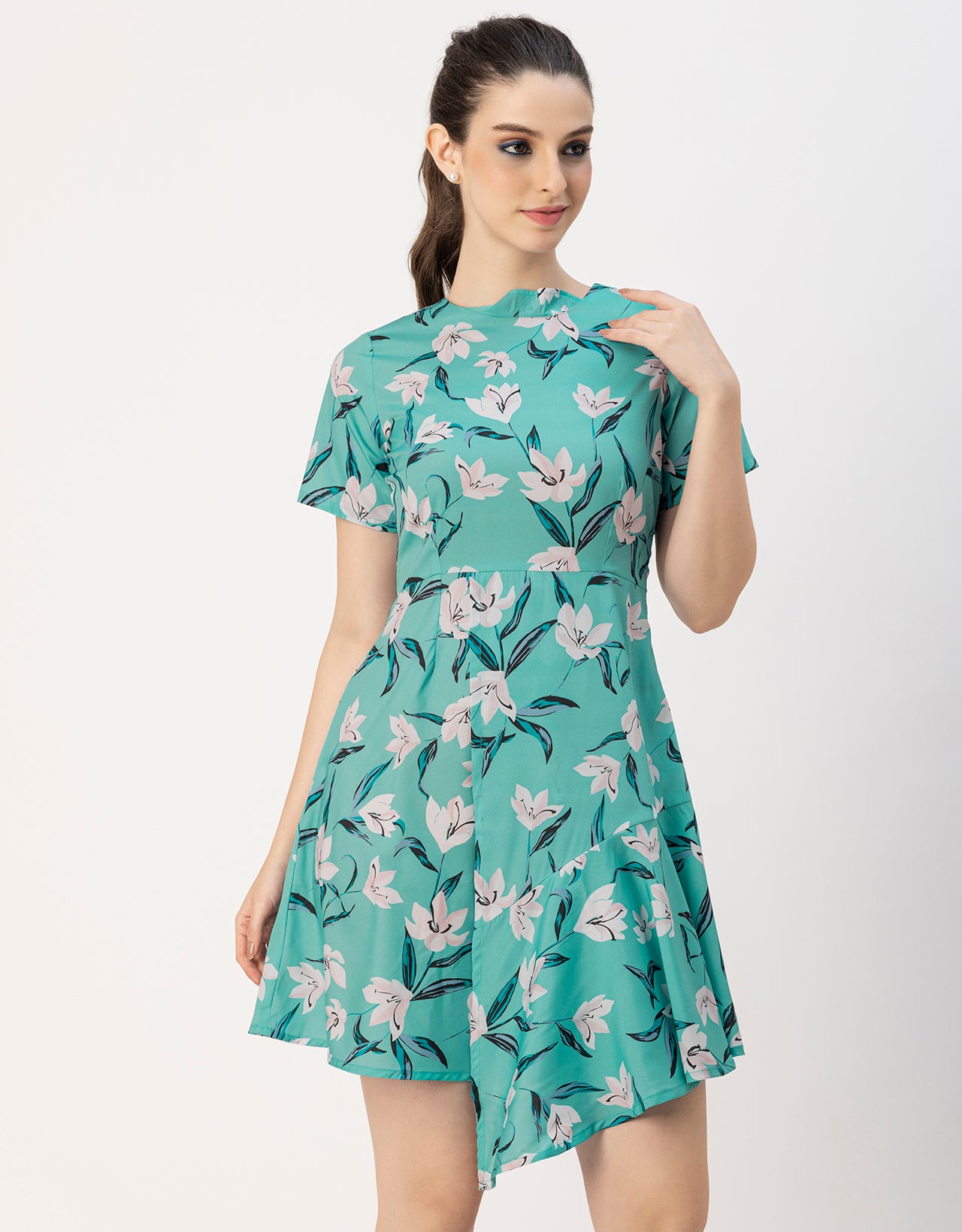 Short Sleeve Asymmetric Printed Dress