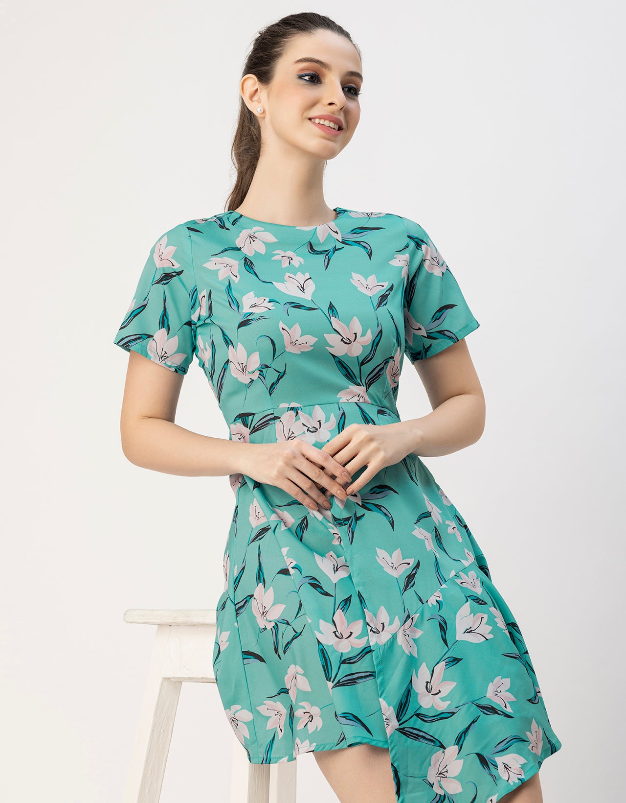 Short Sleeve Asymmetric Printed Dress
