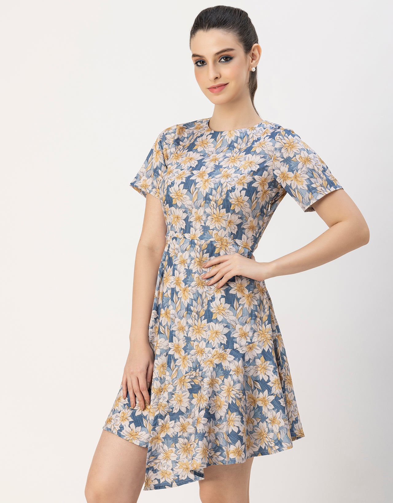 Short Sleeve Asymmetric Printed Dress