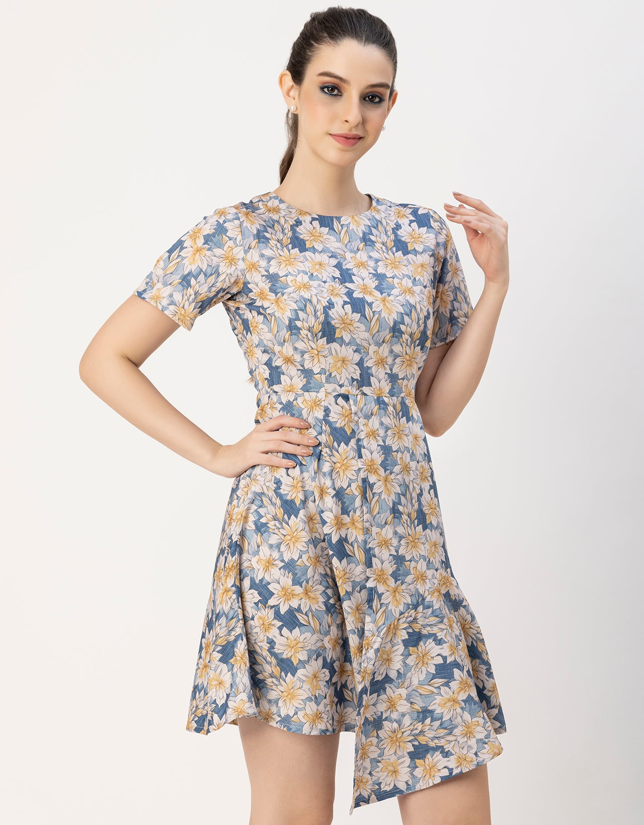 Short Sleeve Asymmetric Printed Dress