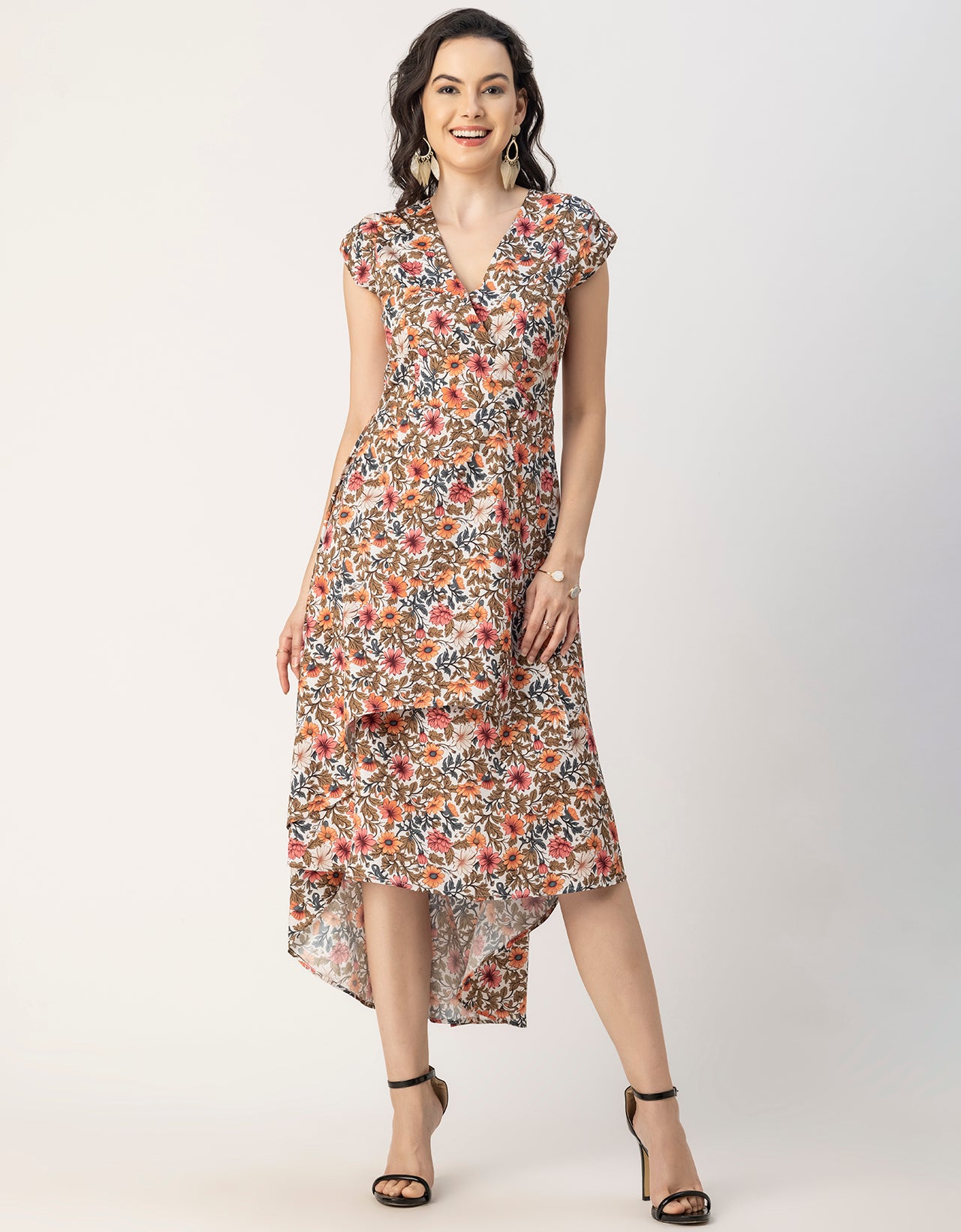 Short Sleeve High-Low V Neck Printed Dress