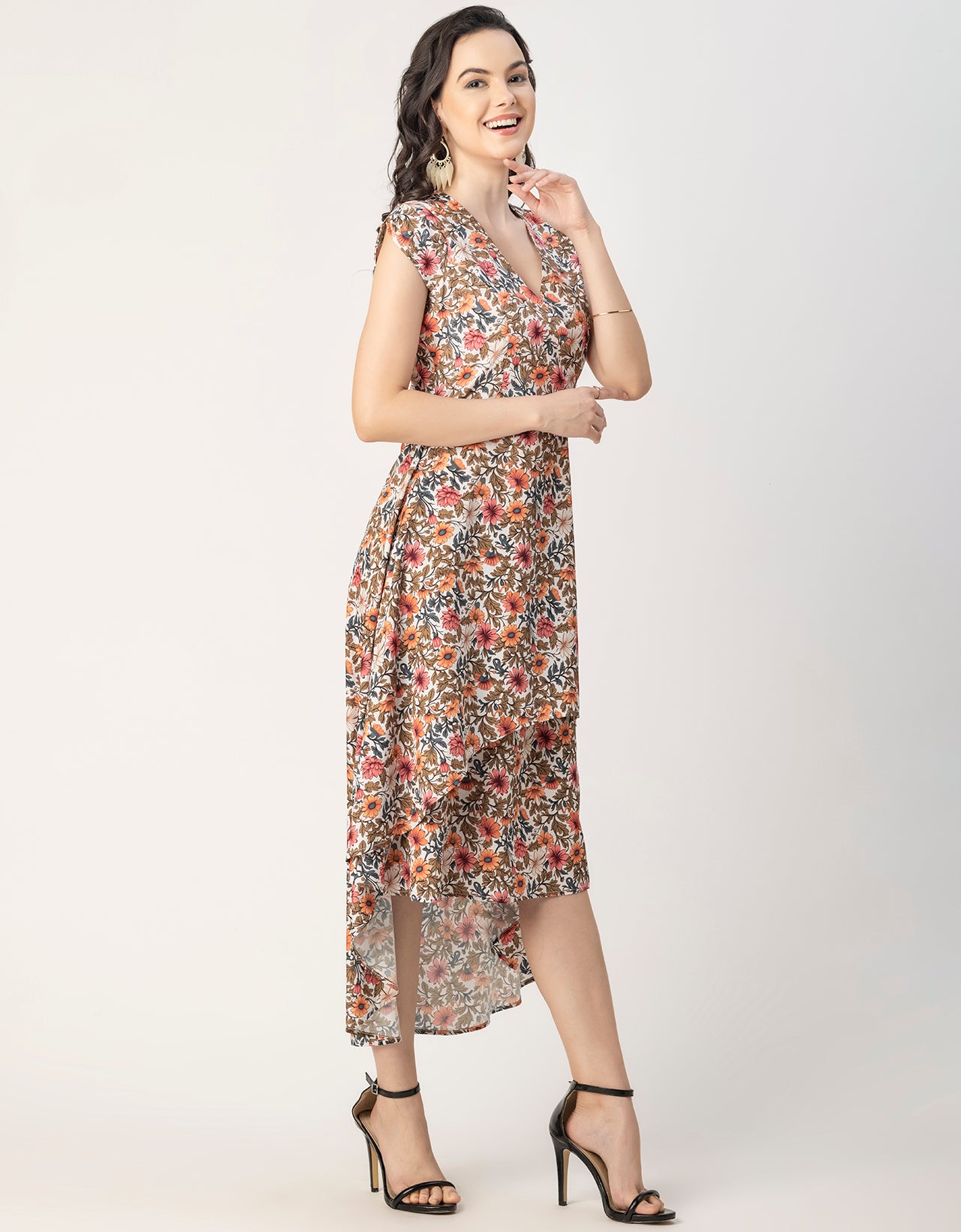 Short Sleeve High-Low V Neck Printed Dress