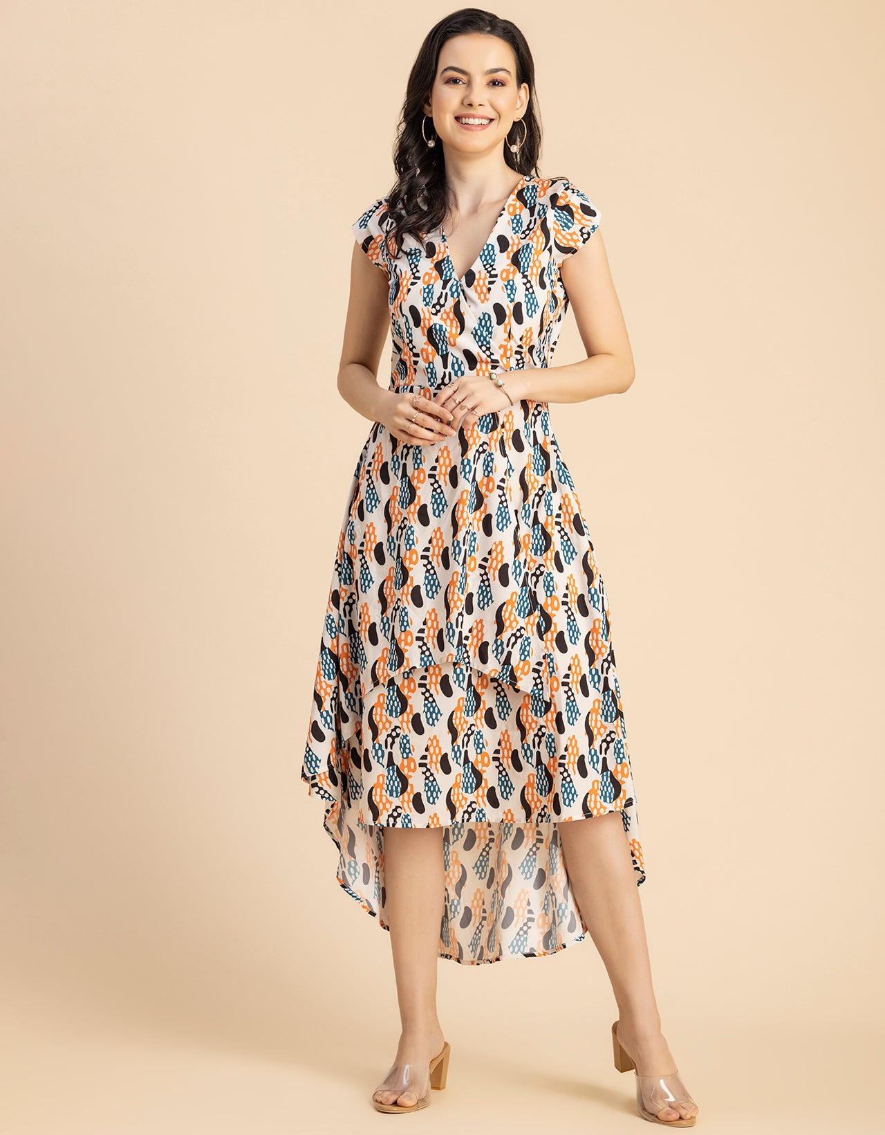 Short Sleeve High-Low V Neck Printed Dress