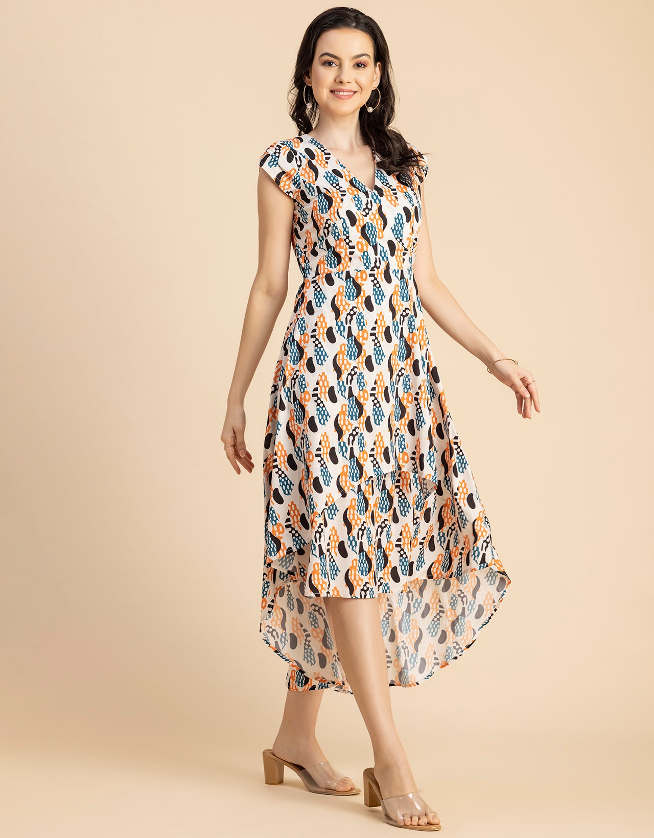 Short Sleeve High-Low V Neck Printed Dress