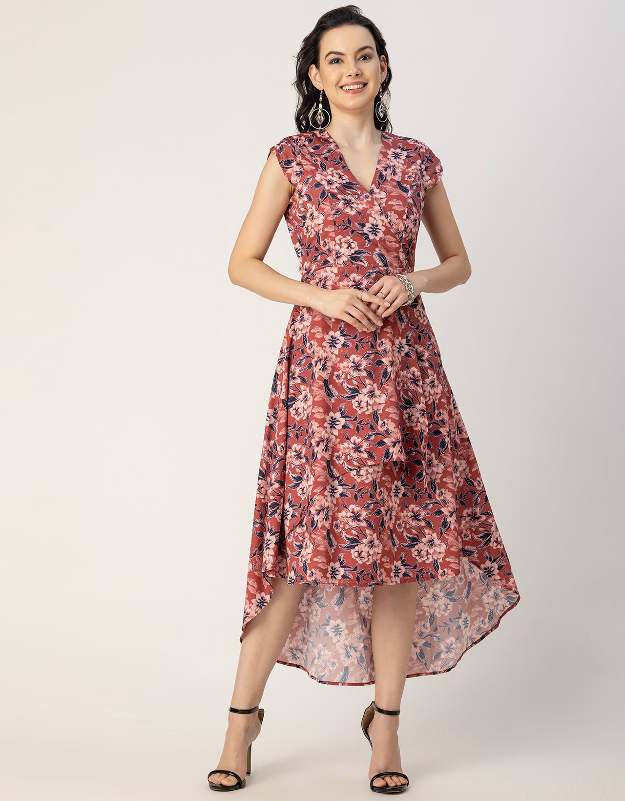 Short Sleeve High-Low V Neck Printed Dress