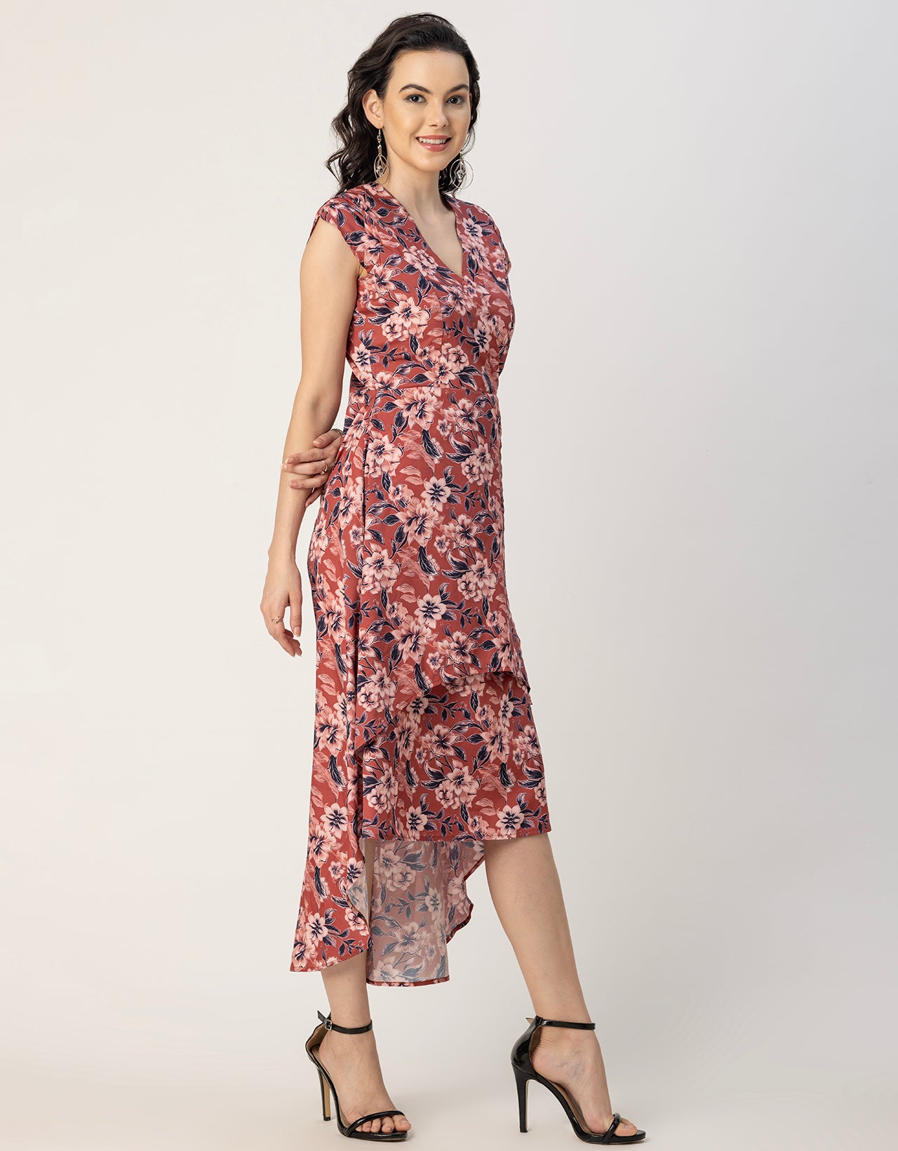 Short Sleeve High-Low V Neck Printed Dress