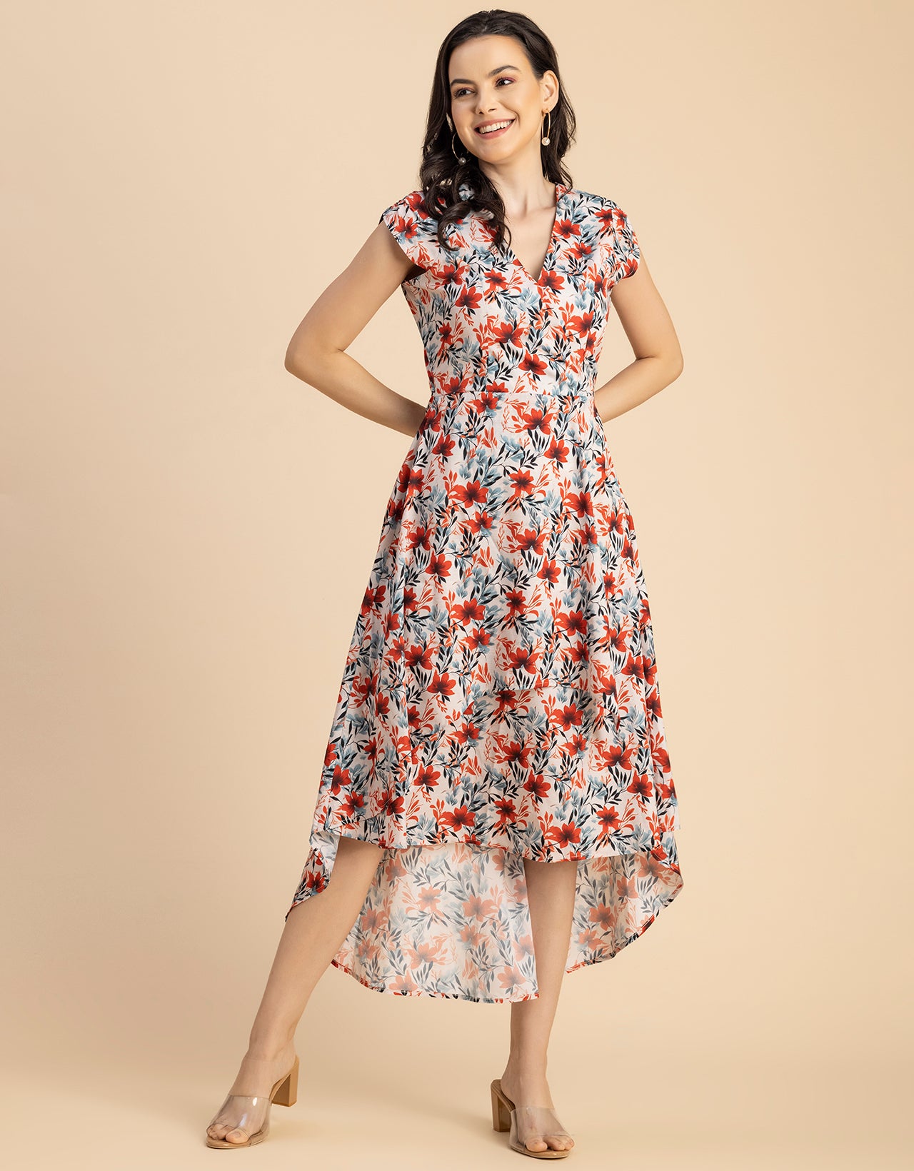 Short Sleeve High-Low V Neck Printed Dress