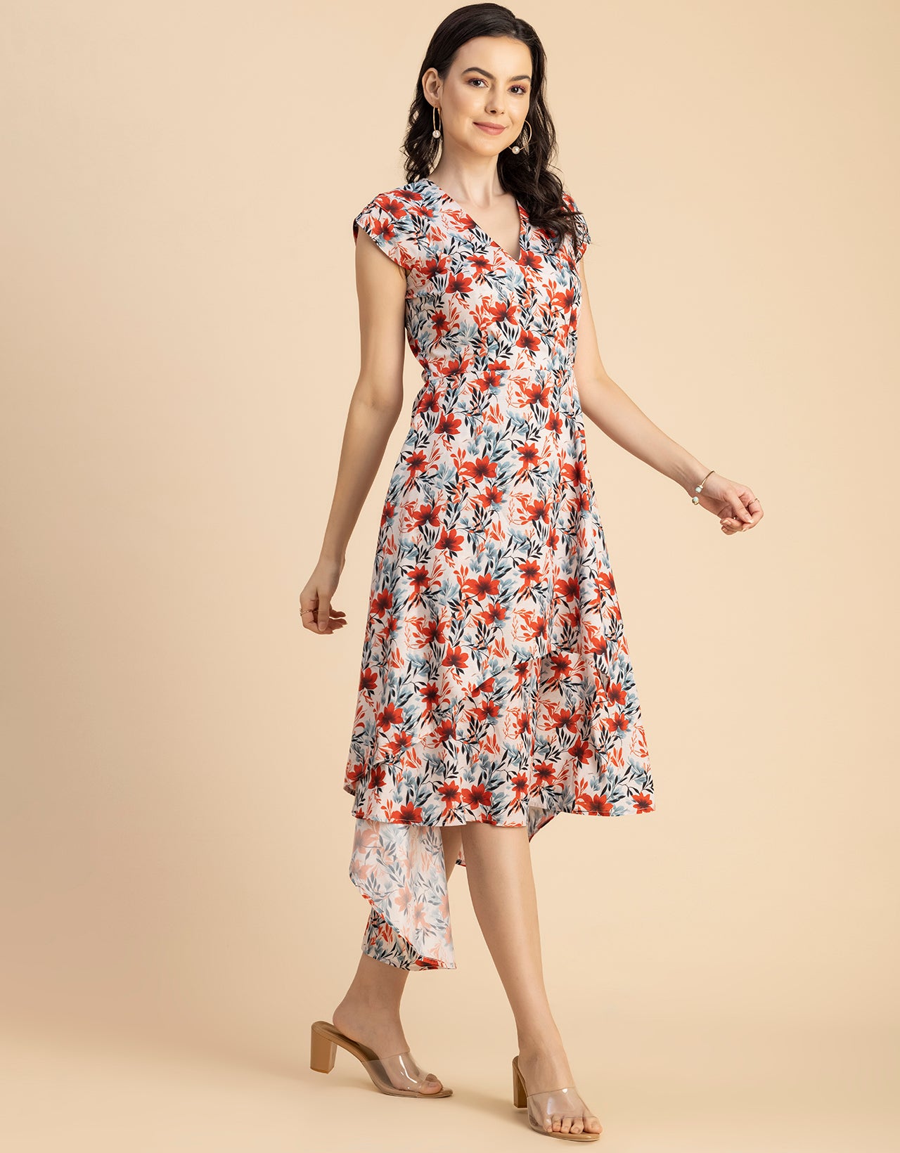 Short Sleeve High-Low V Neck Printed Dress