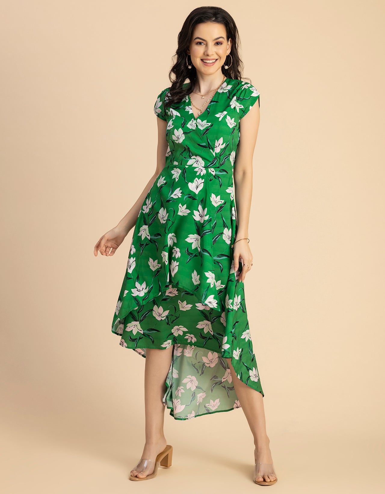 Short Sleeve High-Low V Neck Printed Dress