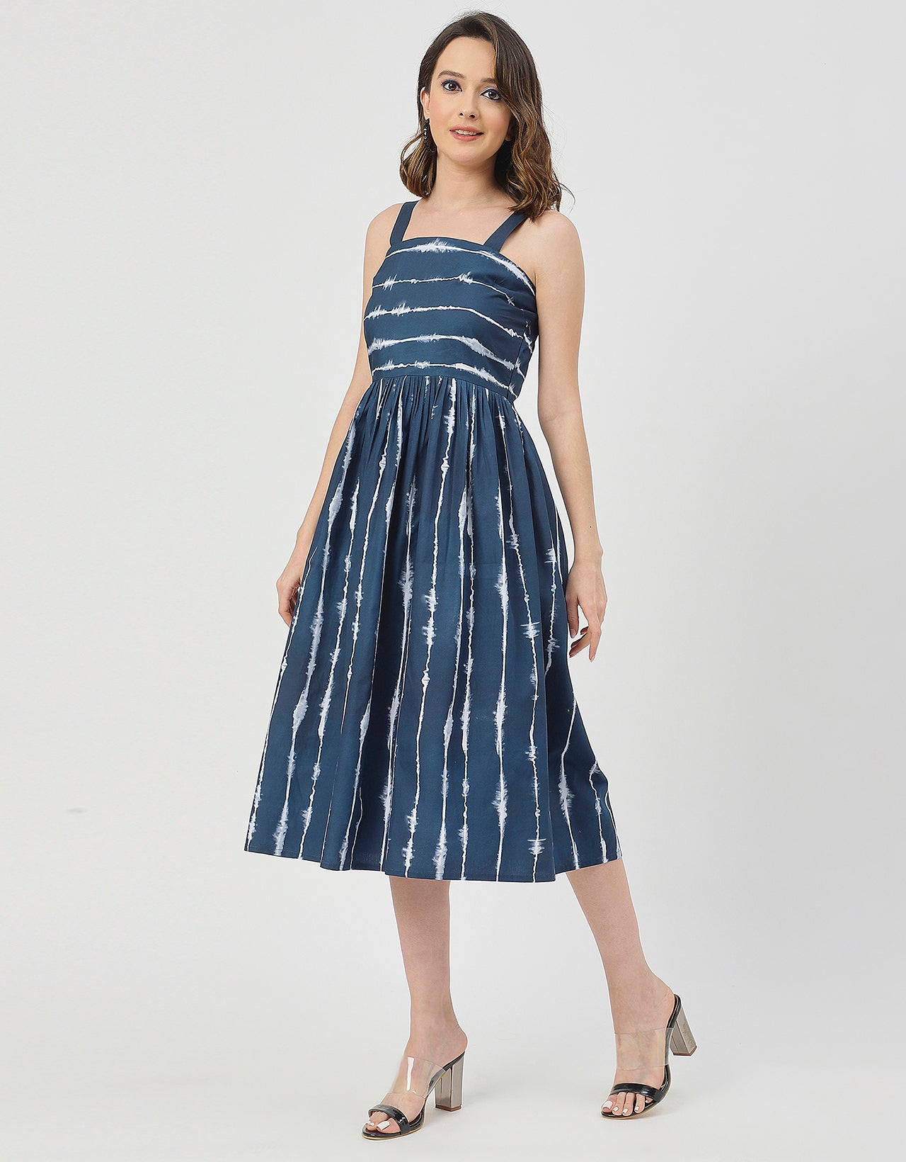 Sleeveless Square Neck Fit And Flare Cotton Dress