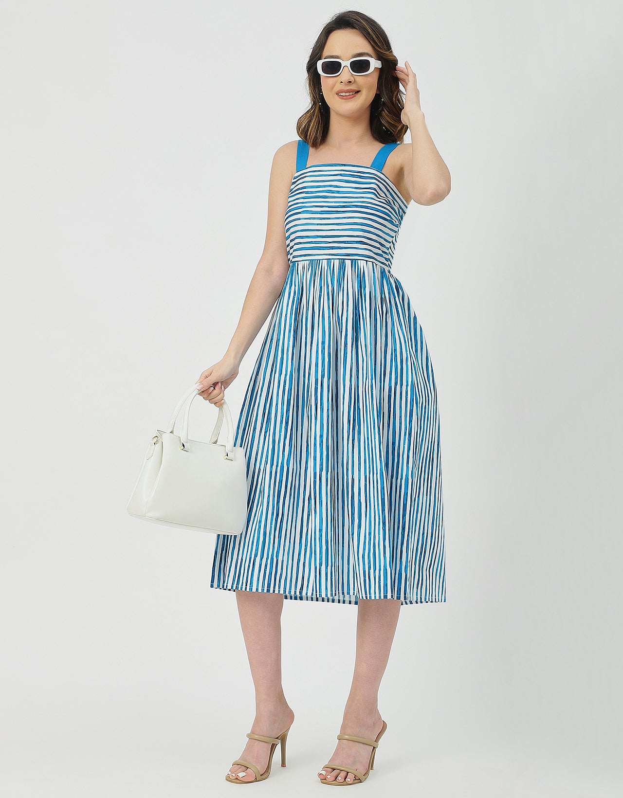 Sleeveless Square Neck Fit And Flare Cotton Dress