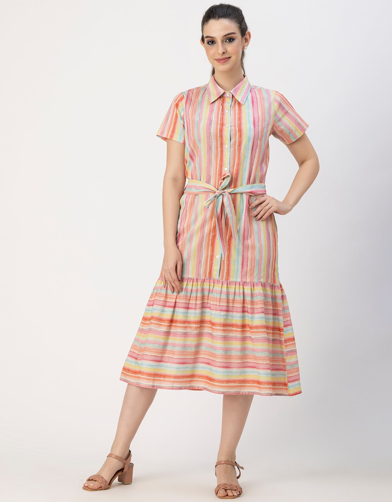 Short Sleeve A-Line Shirt Collar Cotton Dress