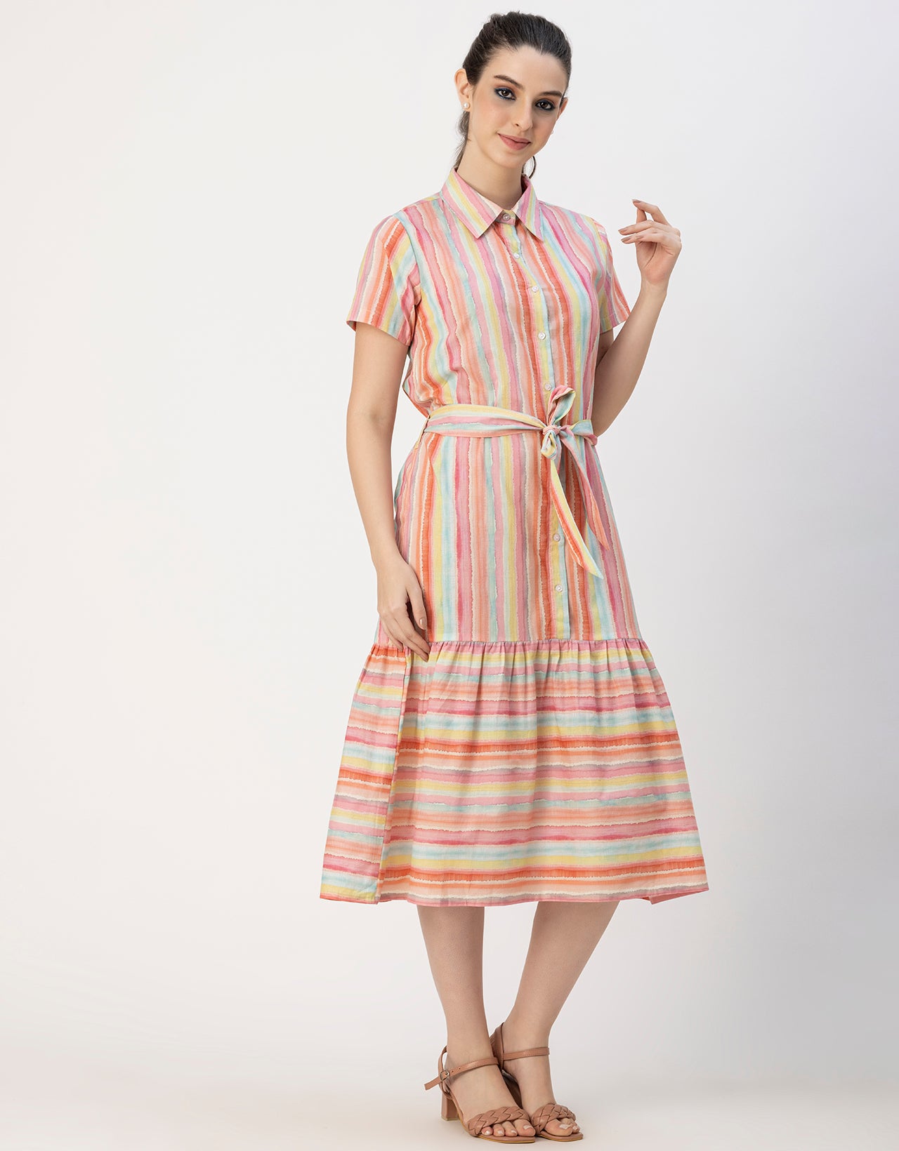 Short Sleeve A-Line Shirt Collar Cotton Dress