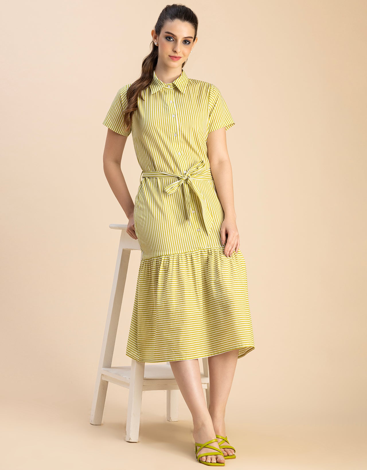 Short Sleeve A-Line Shirt Collar Cotton Dress