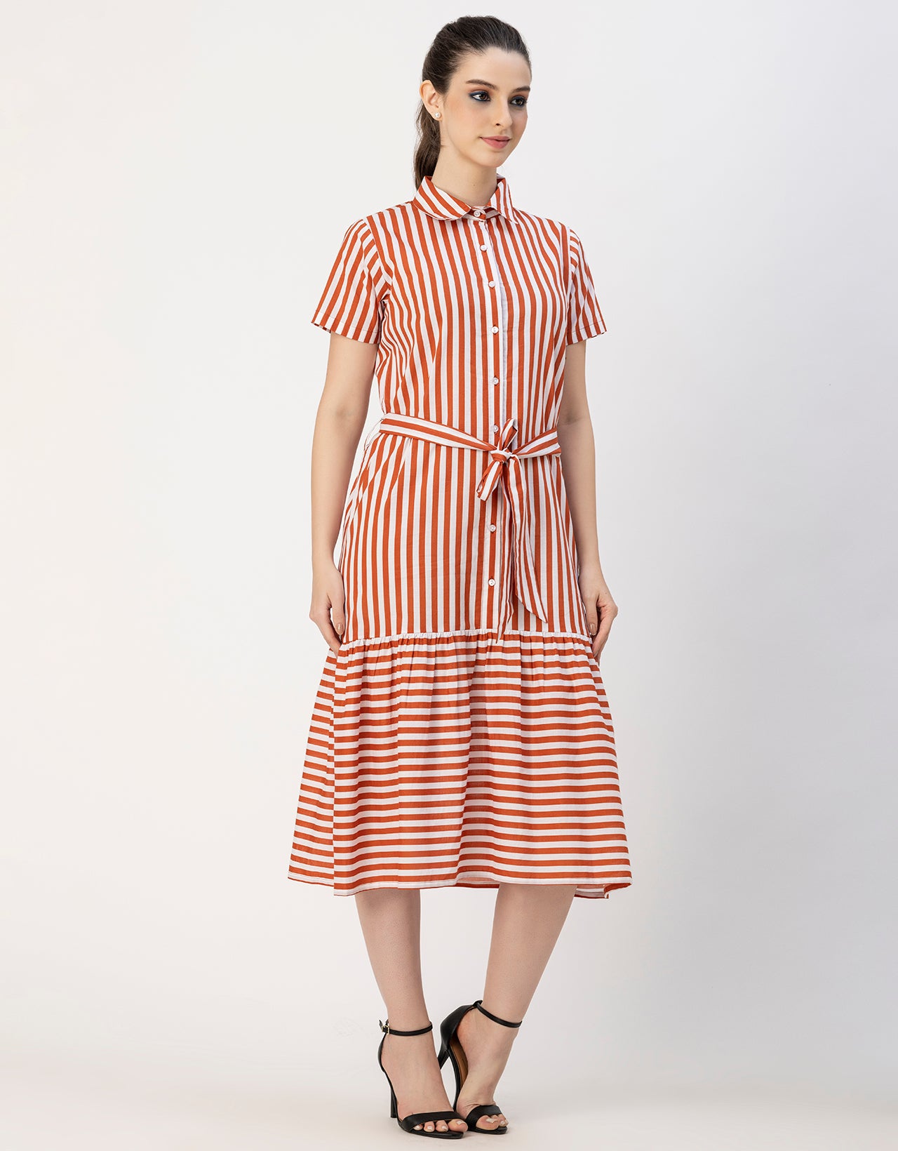 Short Sleeve A-Line Shirt Collar Cotton Dress