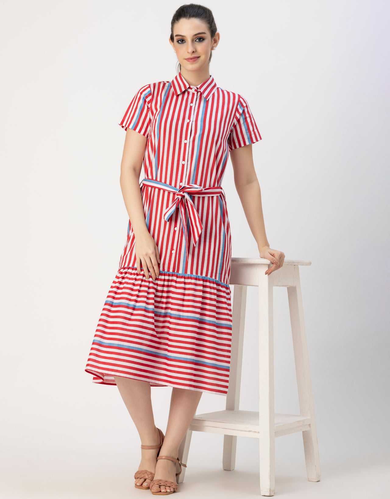 Short Sleeve A-Line Shirt Collar Cotton Dress