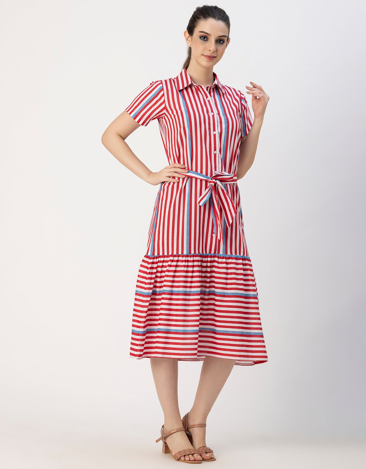 Short Sleeve A-Line Shirt Collar Cotton Dress