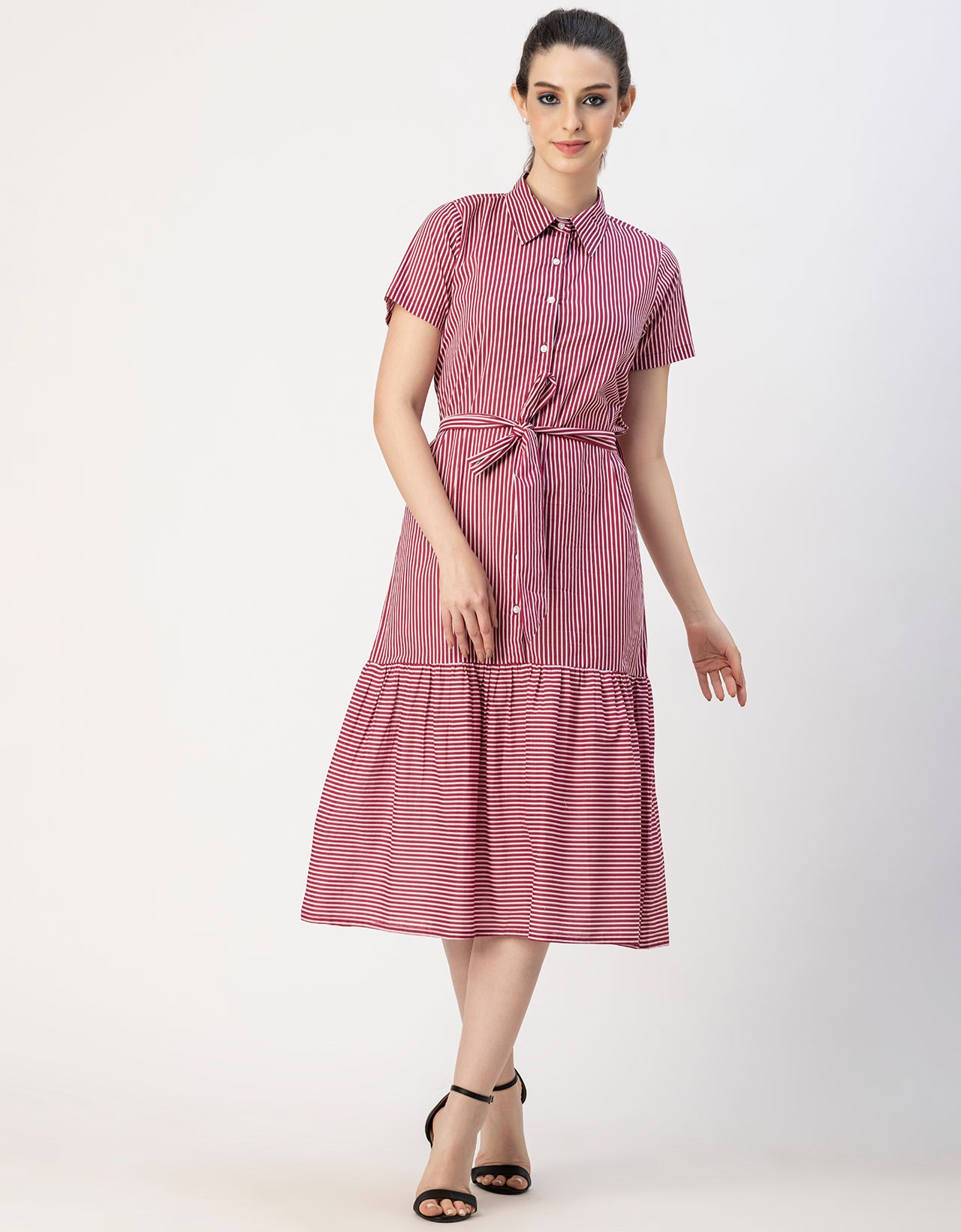 Short Sleeve A-Line Shirt Collar Cotton Dress