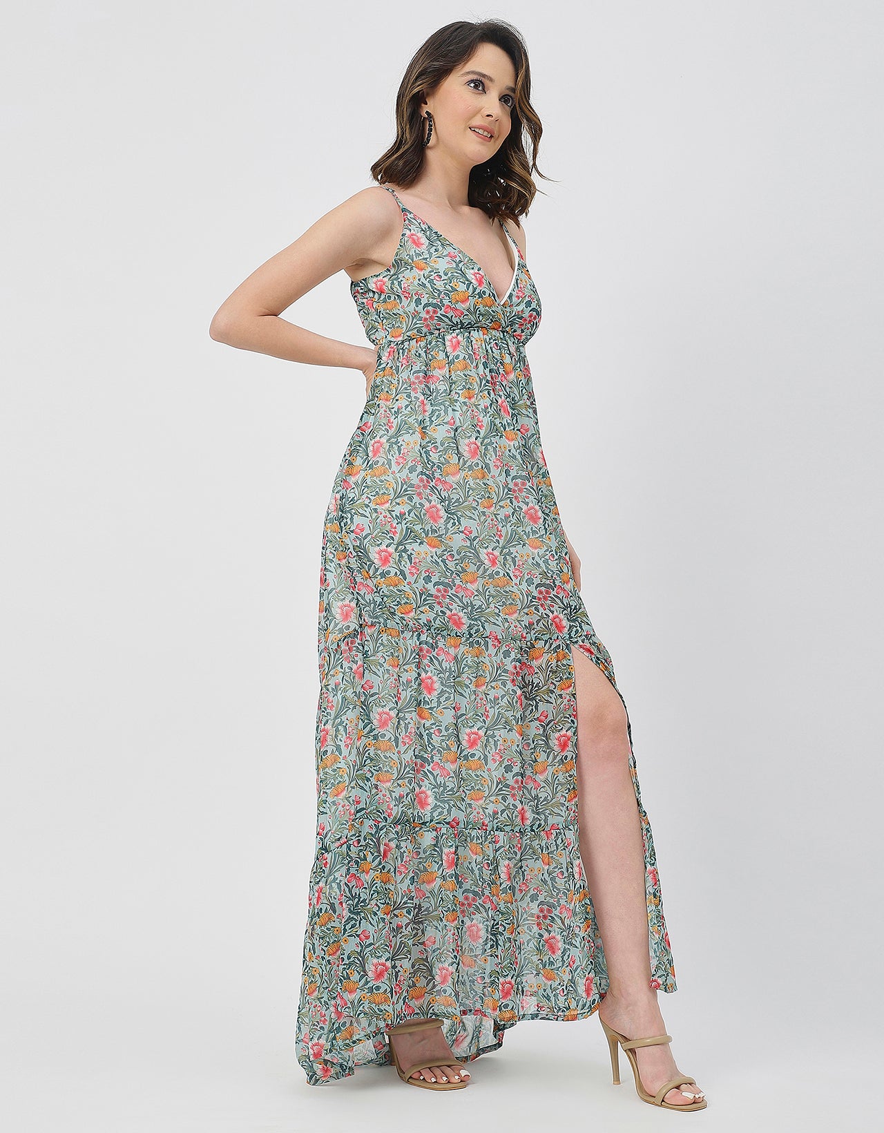 Sleeveless V Neck A-Line Printed Dress