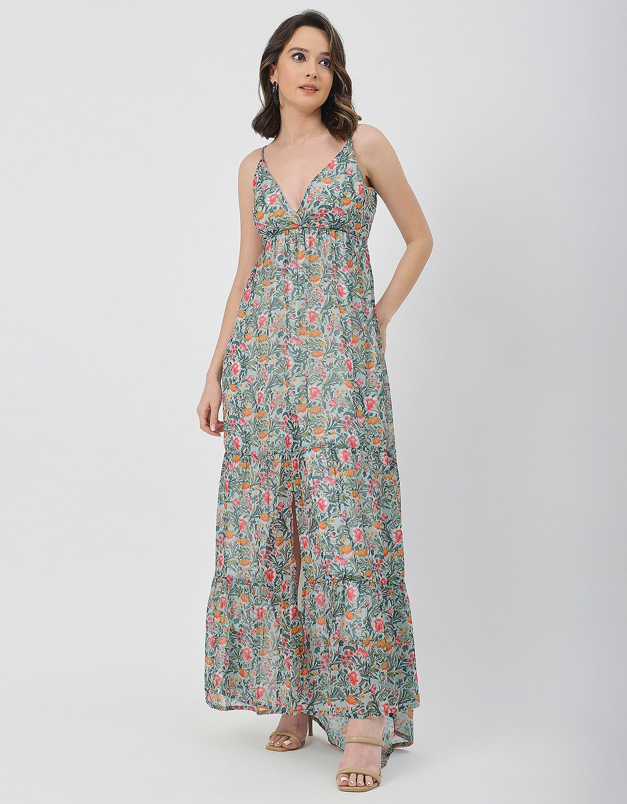 Sleeveless V Neck A-Line Printed Dress