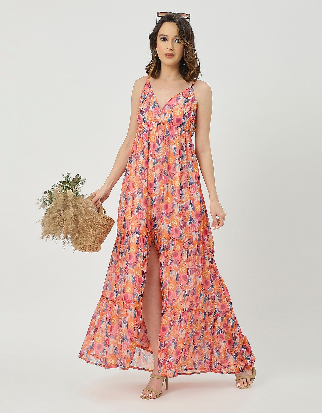 Sleeveless V Neck A-Line Printed Dress