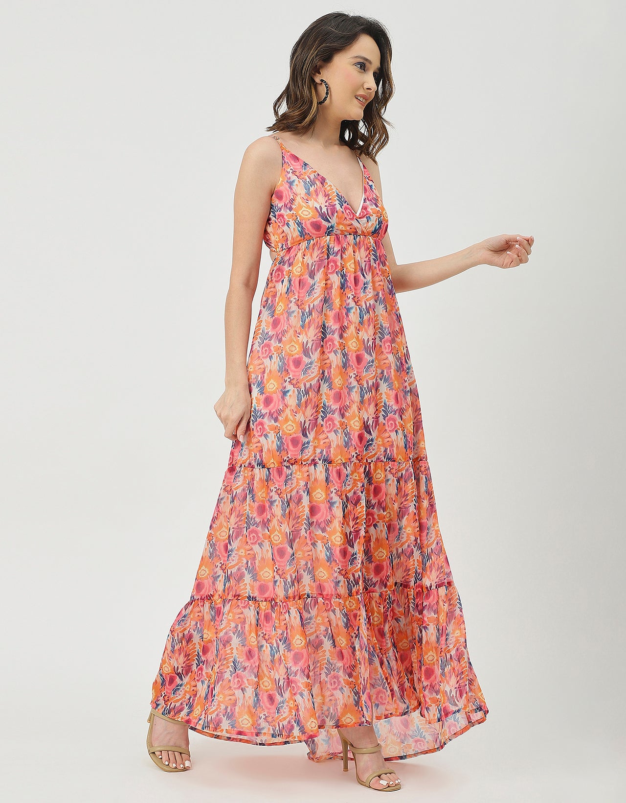 Sleeveless V Neck A-Line Printed Dress